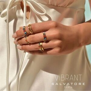 SALVATORE PLATA RING SILVER 925 PLATED GOLD CZ MULTICOLORED BAGUETS AND BRIGHT
